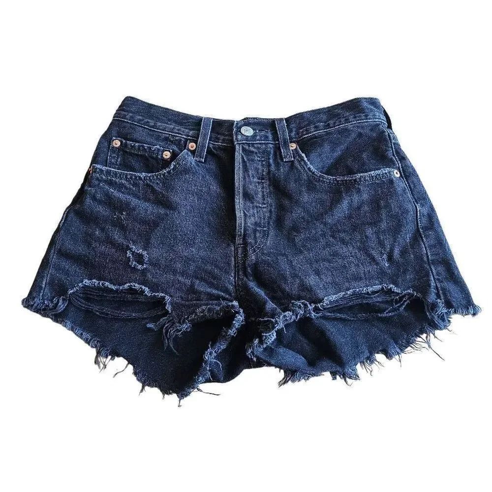 Levis 501 womens juniors Sz W26 wash black Distressed jean shorts